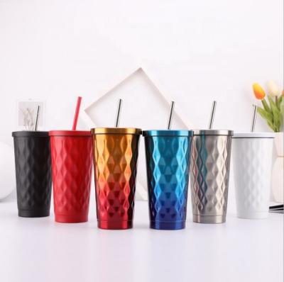 China New Rhombus Gradient Color Coffee Stainless Steel Travel Thermo Mug With Straw Customized for sale