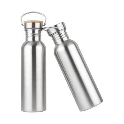 China Sustainable High Quality Sports Bottle Bamboo Wooden Cover Portable Single Wall Stainless Steel Water Bottle Custom for sale