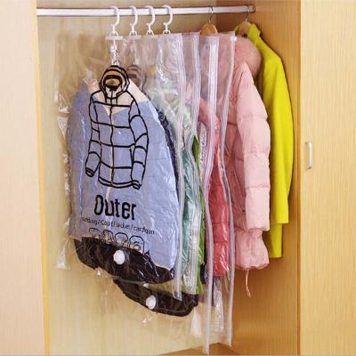 China Garment Closet Dust Cover Airtight Seal Sustainable Organization Compressed Bag With Transparent Hanging Hangers Vacuum Storage Bag for sale