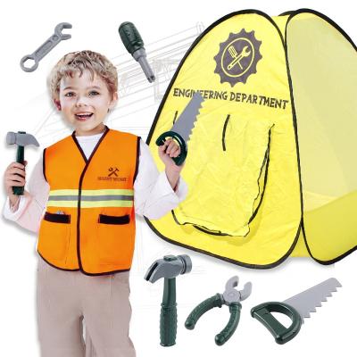 China Safety Kids Construction Worker Costume Boys Halloween Dress Up Clothes Builder Outfit Kit Career Role Play Toy Set Tools Invest for sale