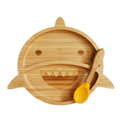 China Viable Customization Bamboo Dish And Spoon Set Shark Design Baby Suction Dish for sale