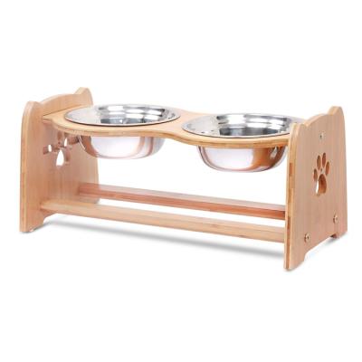 China Sustainable Wholesale Adjustable Bamboo Pet Overhead Bowl Pet Cat Dog Feeding Bowl for sale