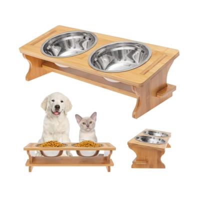 China Small Dog Cat Pet Bowl 2 Stainless Steel Sustainable Food Bowl Bamboo Overhead Vertical Feeder for sale