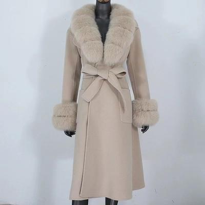 China Waterproof 2022 Winter Women 100% Cashmere Long Jacket With Detachable Fur Collar Cuffs Woolen Coat for sale