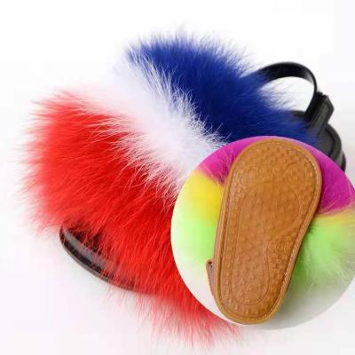 China 2021real Anti-odor kids fur slides multi color fox fur slippers bright kids fur slides for girls for sale