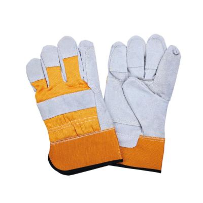 China Rubberized Cuff Drill Cotton Cow Split Leather Gloves for Comfortable Hand Protection for sale