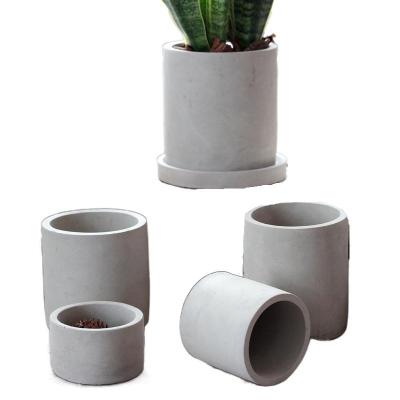 China Nordic Breathable Creative Cement Flowerpot Desktop Table Top Cylindrical Pot With Tray for sale