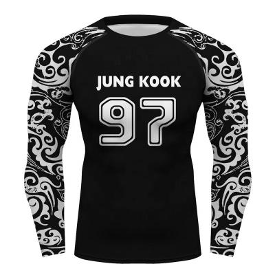 China Jung Kook 97 Anti-UV Training T-shirt Mens Cross Print Texts Anti UV Cycling Wear UPF 40 Running Rash Guard for sale