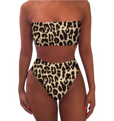 China 2 Pieces Bandeau Women's Anti-UV High Waisted Bikini Brown Leopard Swimwear for sale