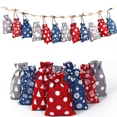 China Gift Wrapping 24 Pcs 10*14Cm Christmas Gift Bags Suit With Wood Staple Screen Printing Canvas Bags For Christmas for sale