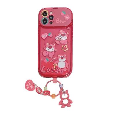 China Shockproof Antiman Cartoon Strawberry Cute Pink Bear phone cover for Iphone 14 Case for Samsung with holder and cute cartoon toys pendant for sale