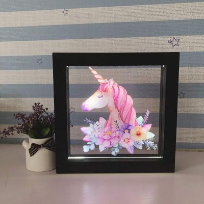 China Christmas Party Hoom Decoration View with White LED Light Magic Unicorn Flower Head Light Up 3D Picture Frame Illusion Wall Decoration USB Lamp and Battery for sale