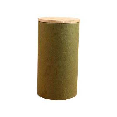 China Handmade Recycled Power Food Paper Tube Cardboard Container With Wooden Lid For Tea Oatmeal Nut Dried Fruit for sale