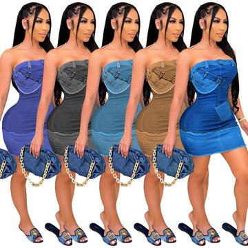 China New Ladies Denim Jeans Mini Dress Womens Breathable Sleeveless Dresses for sale