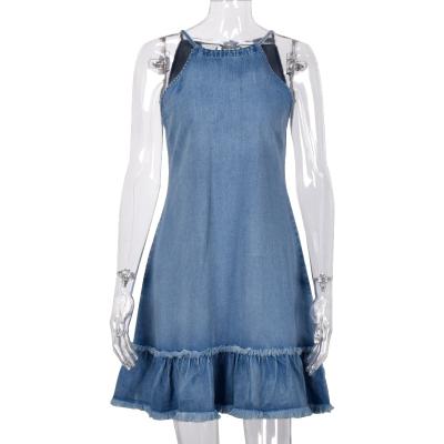 China Service Breathable Fashion OEM Ladies Loose Jeans Dress Women Halter Madame Ruffles Dresses Denim Dress for sale