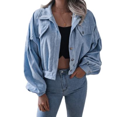 China 2021 European Best Selling Sustainable Casual Loose Lantern Sleeves Short Jacket Women Corduroy Straight Coats for sale