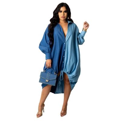 China Breathable autumn 2021 plus size women's clothing new arrival long sleeve drawstring denim dress asymmetric women fall loose dress for sale