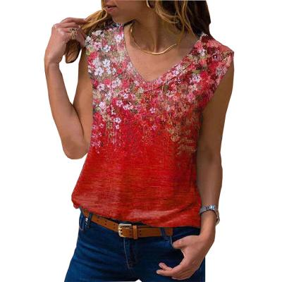 China 2022 Summer V Neck Breathable Sleeveless Flower Printed Casual Shirts For Women Blouses Ladies Tops Plus Size for sale