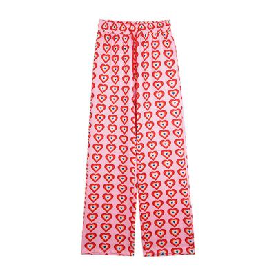 China Wholesale Ladies Anti-wrinkle Heart Digital Printing High Waist Stretching Wide Leg Pants 2021 New for sale