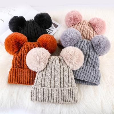 China Winter Warm Knitted Hats Pom Pom Beanie Cute Crochet Sports Furry Women's Faux Fur Woolen Unisex Double Balls Knitted Hats for sale