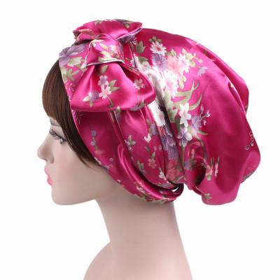 China Floral Fashion Flower Pattern Striped Elegant Satin Tie Adjustable Strap Hooded Drawstring Ladies Girls Woman Head Band Long for sale