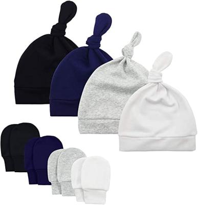 China Lovely Cozy Custom Newborn Baby Polyester Knotted Knit Hat Fashion Cotton Kids Girl Toddler Beanie Hat and Mitten Set for Baby Kids for sale