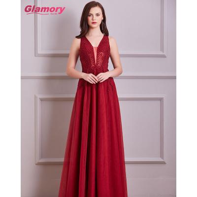 China Breathable A Line Maxi Sleeveless Lace Tulle Party Long Dress Burgundy Evening Dress for sale