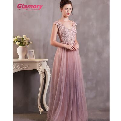 China Breathable Pink Long For Sexy Fat Woman See Through Lace Appliques V-Neck Bling Tulle Floor Length Prom Evening Dress for sale