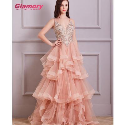 China 2020 Design V-Neck Lace Embroidery Pink Dress Breathable A-Line Sleeveless Sexy Even Dresses for sale