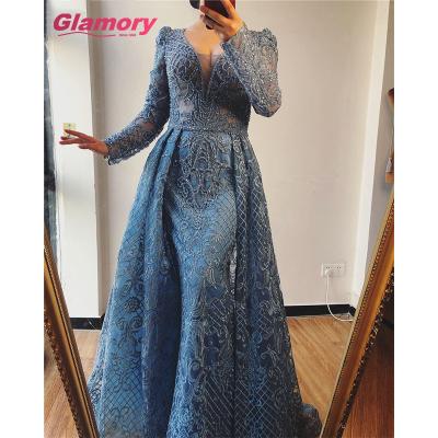 China Sexy Breathable Dubai V-neck Embroidery Beads Design Europe Plus Size Long Sleeves Women Dresses Formal Party Dress Robe De Soiree for sale