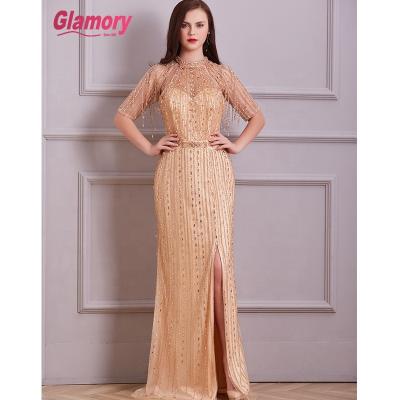 China New Design Breathable Gold Halterneck Arabic Dress Ladies Evening Dress Short Sleeve Dresses Even Dress Elegant for sale