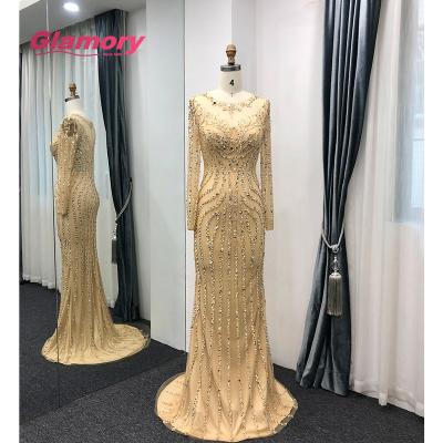 China Breathable Gold Beaded Dresses Luxury Long Sleeves Mermaid Design Crystal Diamond Evening Dress for sale