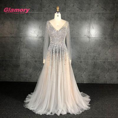 China Korean Luxury Breathable Long Sleeves V-Neck Prom Dress Party Evening Dress Korean for sale