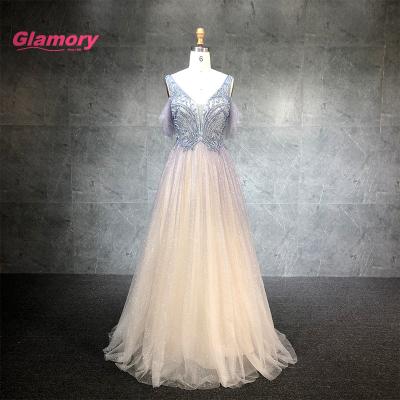 China Breathable V-Neck Off The Shoulder Illusion Beading Prom A Line Sexy Backless Even Dress Tulle for sale