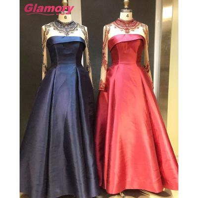 China Breathable Luxury Formal Turkey High Neck Burgundy Satin Long Sleeve Party Evening Dress for sale