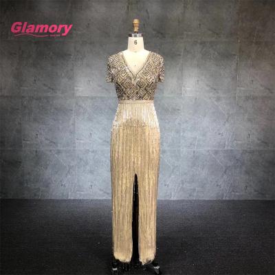 China Breathable In Stock Luxury Beaded Tassels Evening Dresses Formal Short Sleeve Front Slit Party Prom Dress for sale