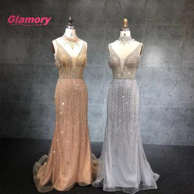 China Sexy Sparkly Beaded Gold Mermaid Pageant Formal Dresses Breathable Deep V Neckline Evening Party Dress Breathable Available for sale