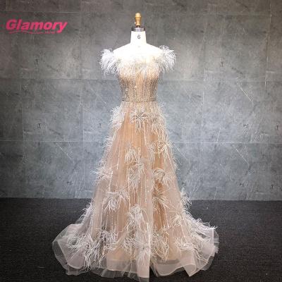 China Breathable Champagne A Line Prom O Neck Beaded Long Dresses With Feather Party Evening Dress for sale