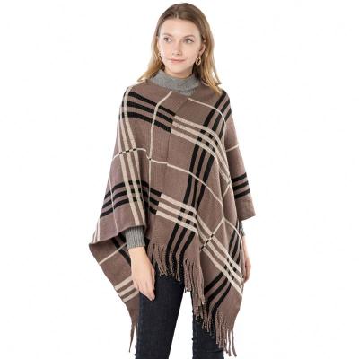 China Soft Thick Touch Feeling Best Prices Fashion Knitted Poncho With Stripes Irregular Womens Checked Shawl Wrap Sweater for sale