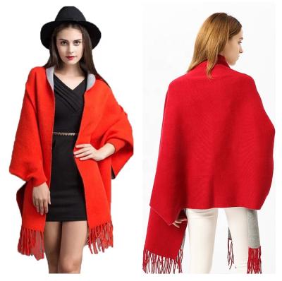 China European American Soft Touch Feeling Fashion Style Women Shawl Sweater With Tassel Cashmere Knitting Shawl With Sleeves for sale