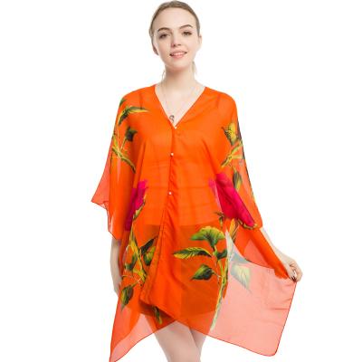 China Hot Selling Chiffon Design Beach Summer Sun Protection Cape Polyester Floral Print Ultra Thin Shawl for sale