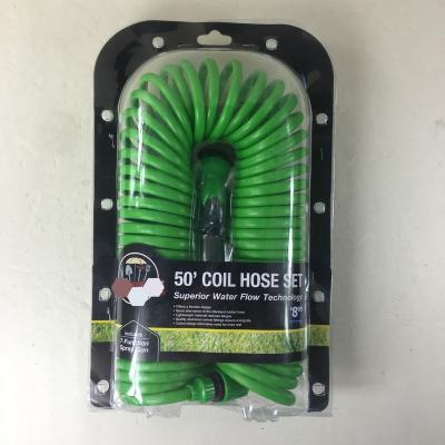 China 50 Adjustable Feet 15 Meters Green EVA Coiled Garden Hose With 7 Way Plastic Spout, Blister Packing for sale