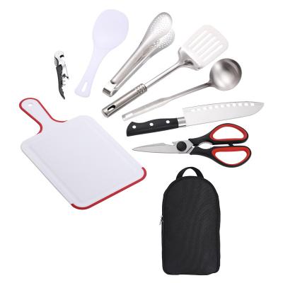 China Cookware Nine-Piece Set Camping Barbecue Stainless Steel Knives Cutting Board Picnic Bag Tableware Viable Outdoor Kitchen Tableware for sale