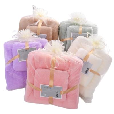 China Sustainable Warp Knitted High Density Coral Velvet Towel Promotional Gift Bath Towel Sets 70*140cm for sale