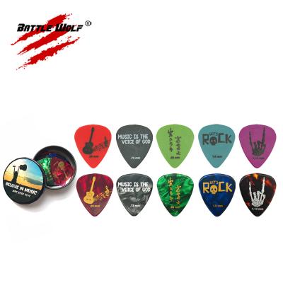 China Different Designs 10pcs GUITAR 0.50mm-1.14mm Celluloid & Acetal Guitar Pick Material Making With Tin Box for sale