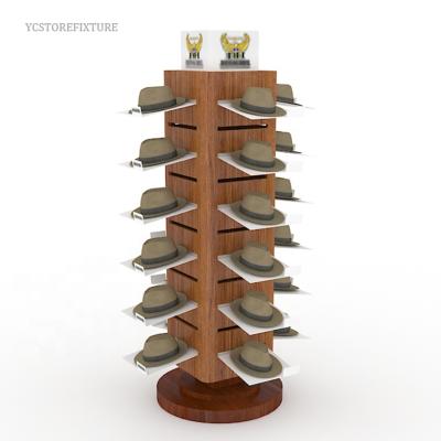 China Eco-Friendly Hot Sale 4 Way Rotating Natural Wood Hat Display Rack For Retail Store for sale