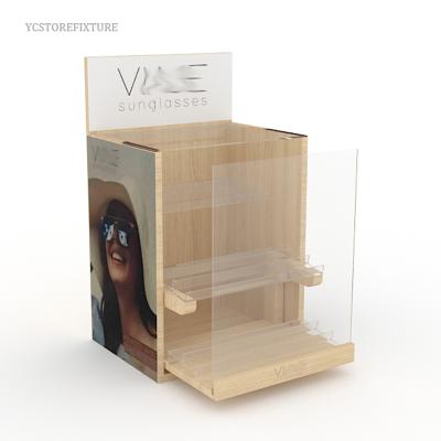 China Eco - Friendly Optical Sunglass Countertop 3 - Tier Clear Acrylic And Wooden Shop Display Box for sale