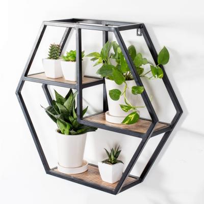 China Storage Home Decoration Hexagon Shape Metal Frame Wooden Wall Shelf for sale