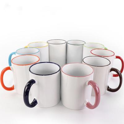 China 11oz Stocked Ceramic Sublimation Rim Color Handle Mugs with Coating for sale