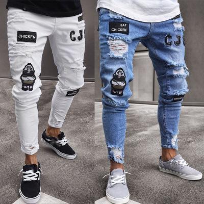 China Wist 2021 Europea Men's Breathable Tops Patch Breathable Jeans Tapered Wrinkle Fashion Casual Denim Pants for sale